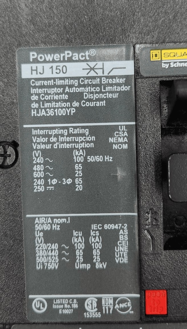 100 Amps, Square D #HJA36100YP, PowerPact Circuit Breaker, 600 Volts - Image 2