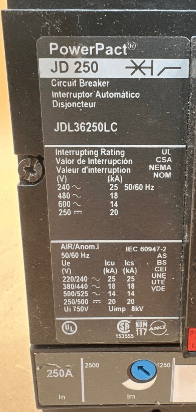 250 Amps, Square D #JDL36250LC, Circuit Breaker, 3-Pole, 600 Volts, Lug to Lug - Image 2