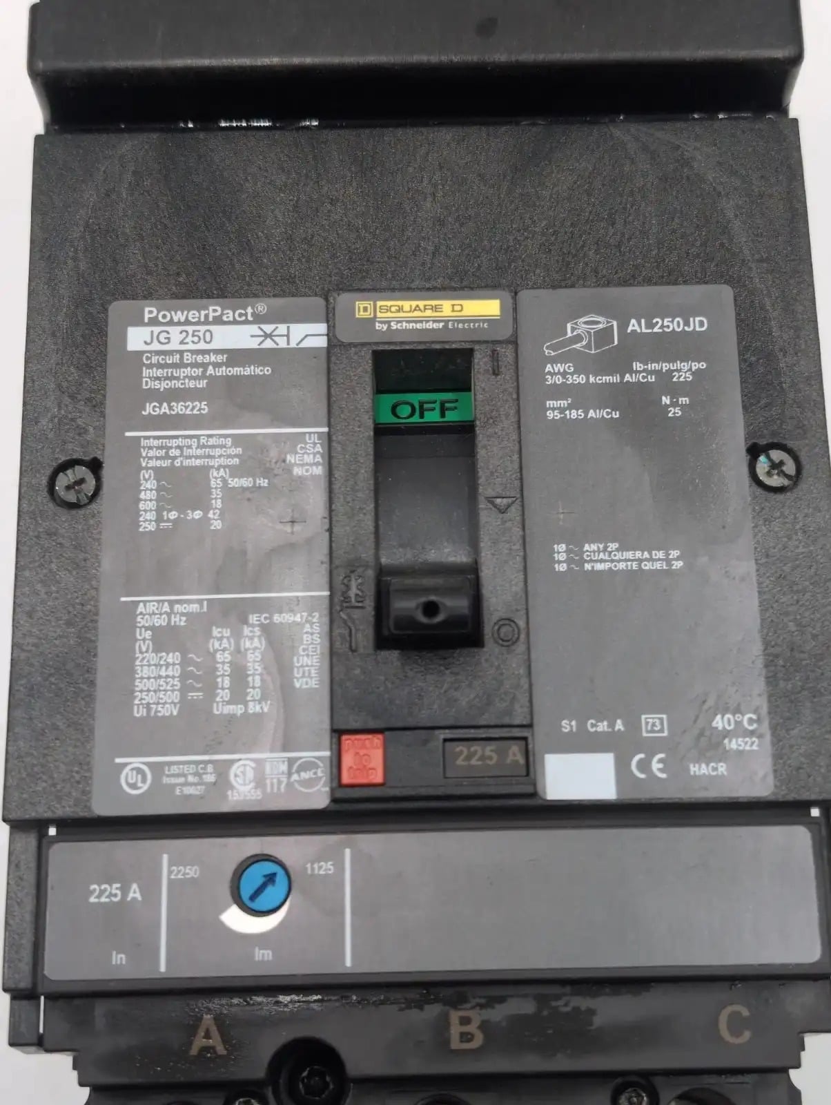 225 Amps, Square D #JGA36225, Circuit Breaker, 3-Pole, 600 Volts, NEW - Image 2