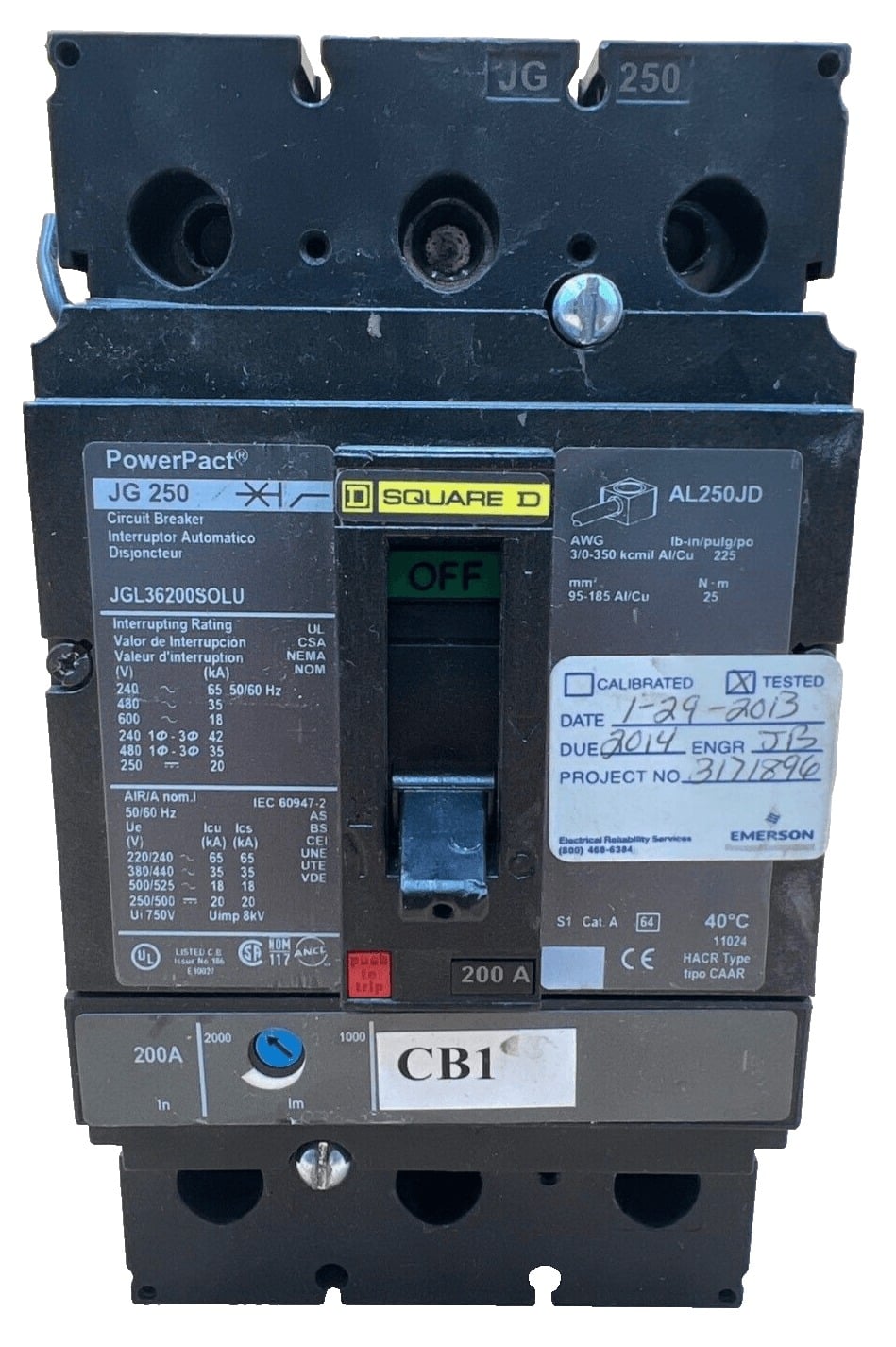 200 Amps, Square D #JGL36200SOLU, Circuit Breaker, 3-Pole, 600 Volts, Lug to Lug - Image 1