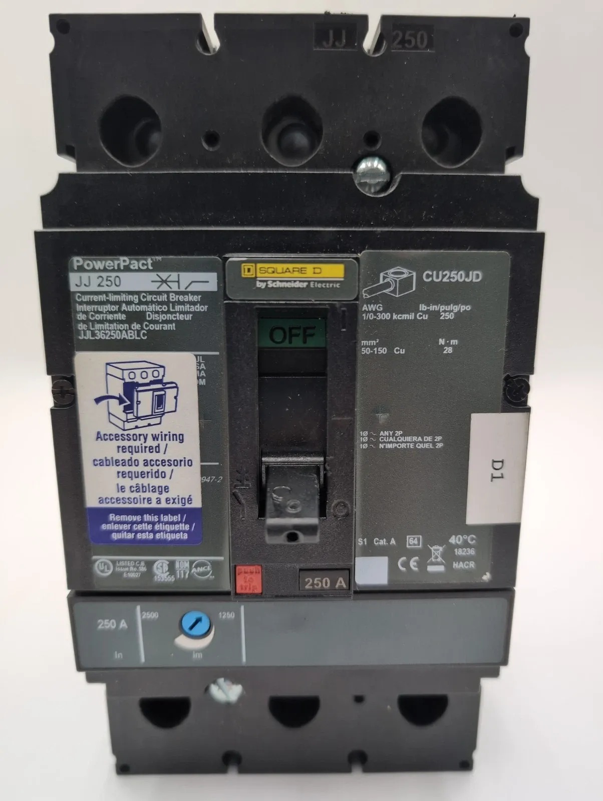 250 Amps, Square D #JJ250, Circuit Breaker, 3-Pole, 600 Volts, NEW - Image 3