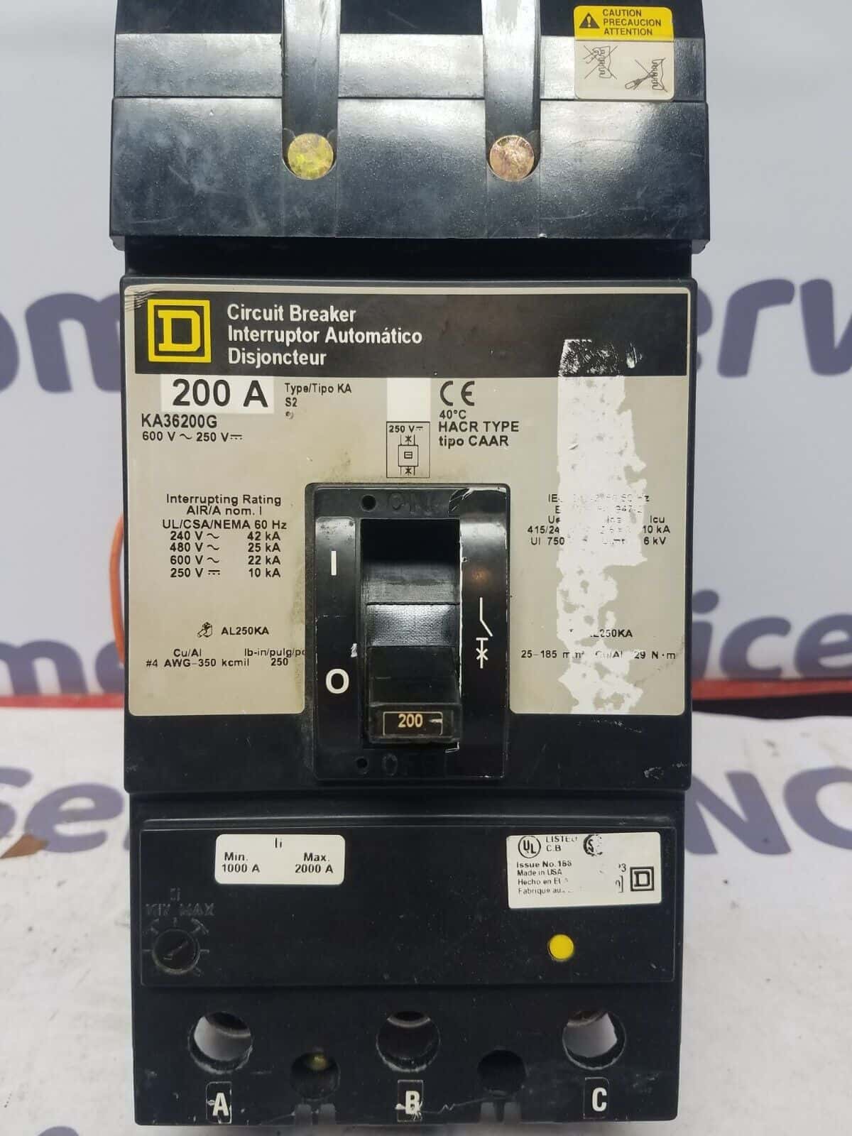 200 Amps, Square D #KA36200G, I-Line Circuit Breaker, 3-Pole, 600 Volts, Shunt Trip - Image 1