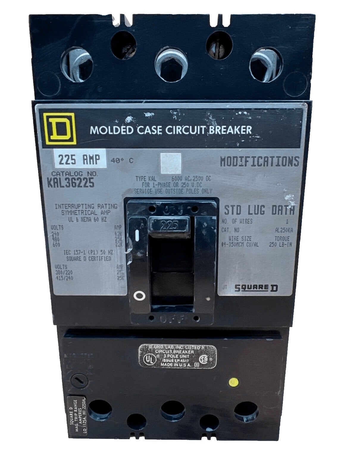 225 Amps, Square D #KAL36225, Circuit Breaker, 3-Pole, 600 Volts, Lug to Lug - Image 1