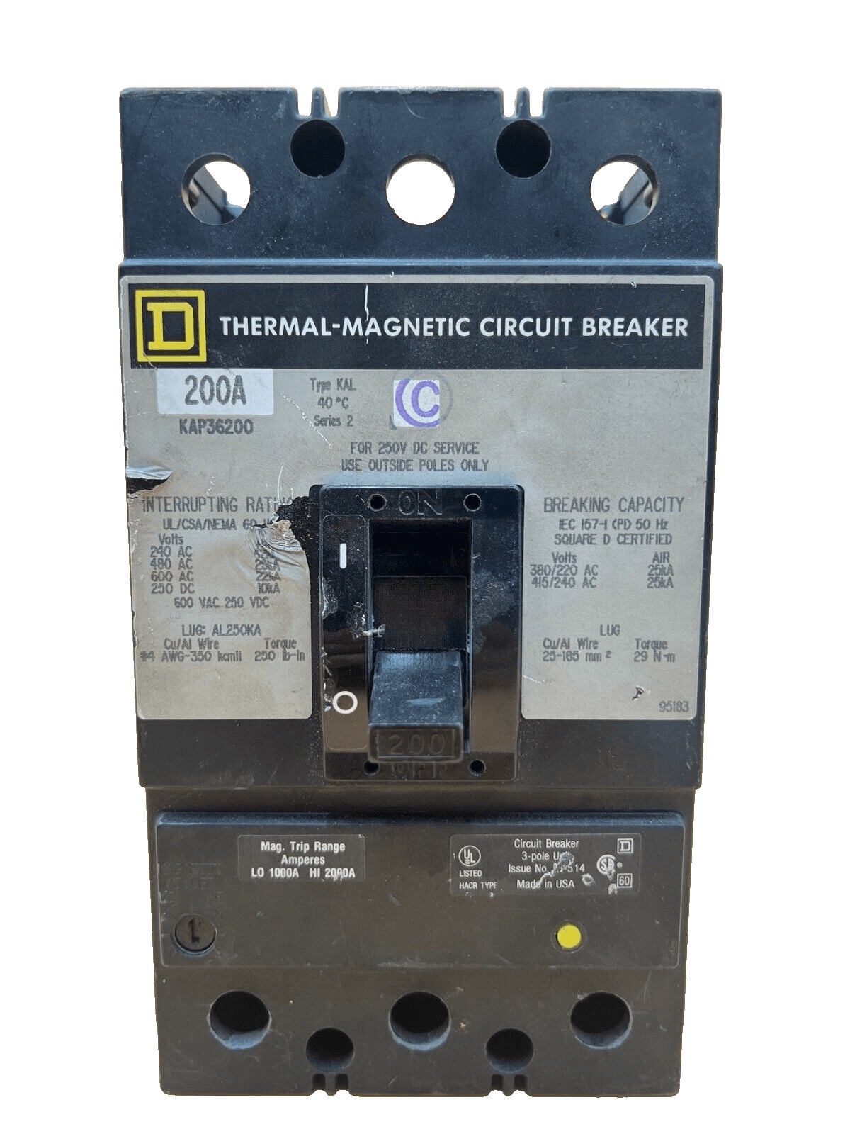200 Amps, Square D #KAP36200, Circuit Breaker, 3-Pole, 600 Volts, Bolt-On - Image 1