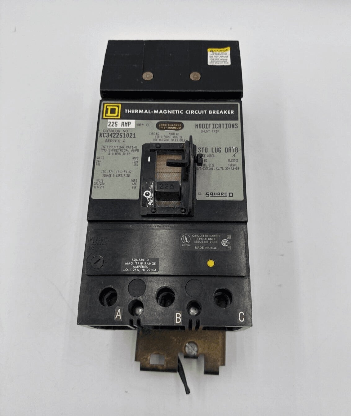 225 Amps, Square D #KC342251021, I-Line Circuit Breaker, 3-Pole, 480 Volts, Shunt Trip - Image 1