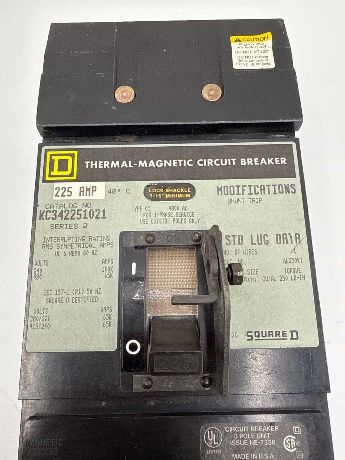 225 Amps, Square D #KC342251021, I-Line Circuit Breaker, 3-Pole, 480 Volts, Shunt Trip - Image 2