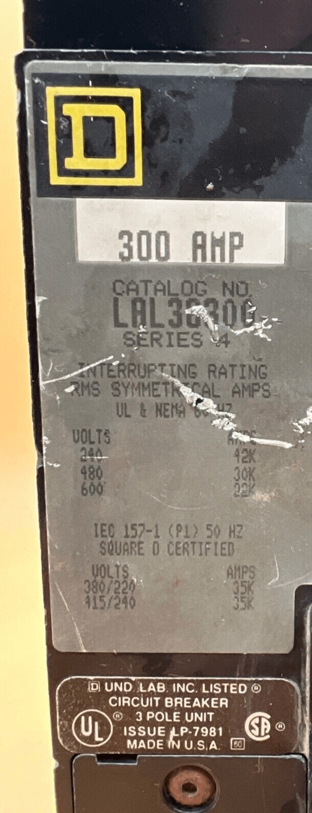 300 Amps, Square D #LAL36300, Circuit Breaker, 3-Pole, 600 Volts, Lug to Lug - Image 2