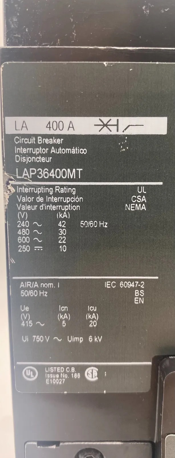 400 Amps, Square D #LAP36400MT, Circuit Breaker, 3-Pole, 600 Volts - Image 2