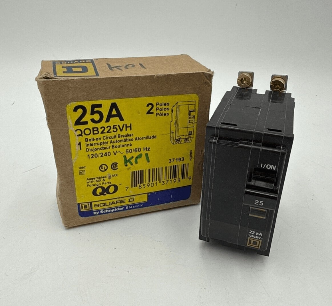 25 Amps, Square D #QOB225VH, Circuit Breaker, 2-Pole, 240 Volts, 22kA, Bolt-On, NEW - Image 1