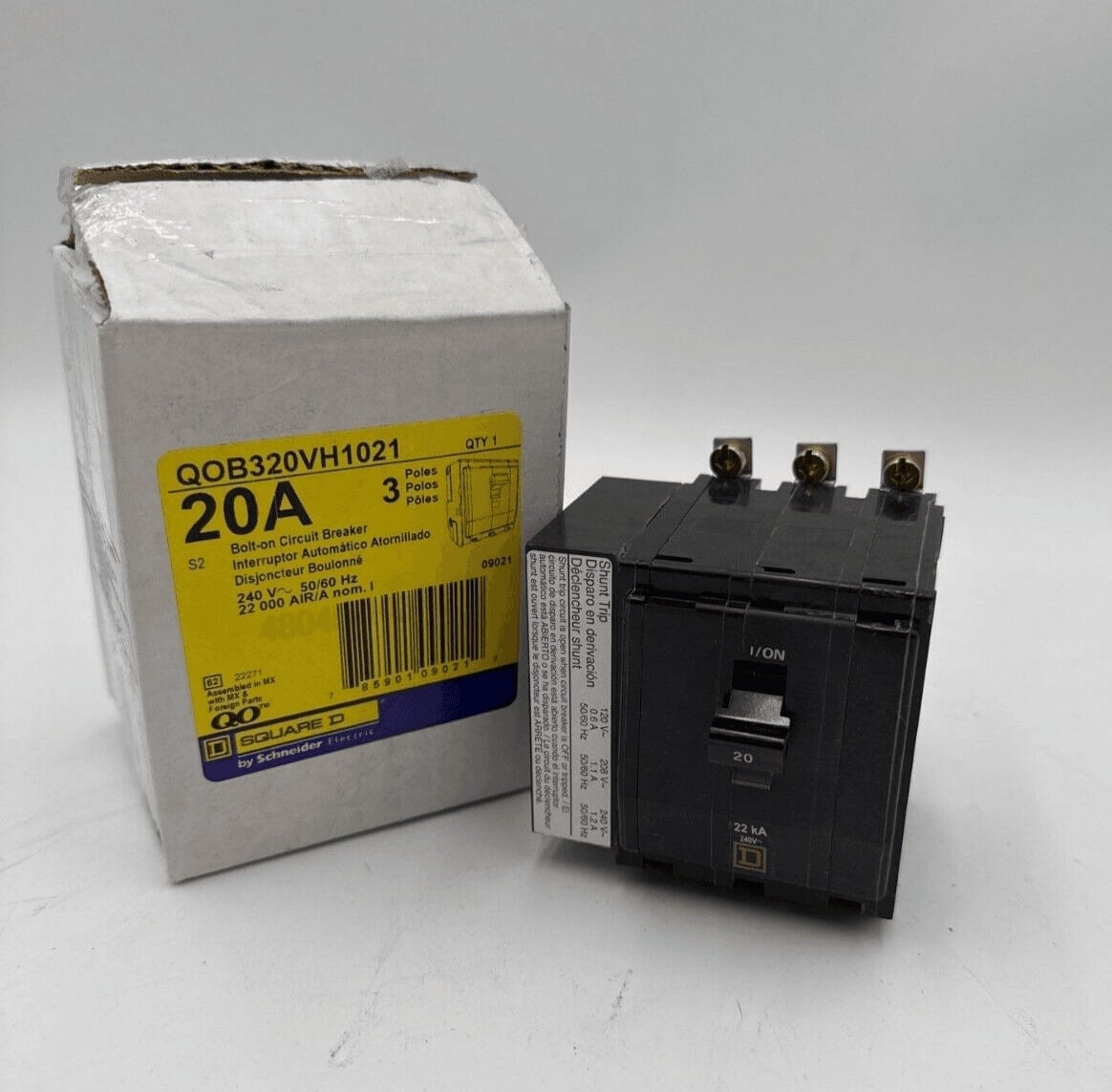 20 Amps, Square D #QOB320VH1021, Circuit Breaker, 3-Pole, 240 Volts, Shunt Trip, 22kA, Bolt-On, NEW - Image 1
