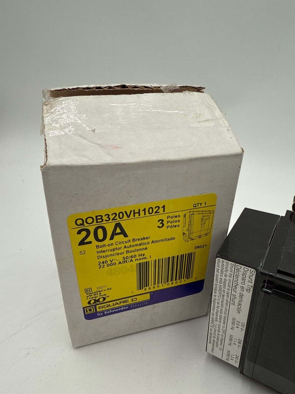 20 Amps, Square D #QOB320VH1021, Circuit Breaker, 3-Pole, 240 Volts, Shunt Trip, 22kA, Bolt-On, NEW - Image 2