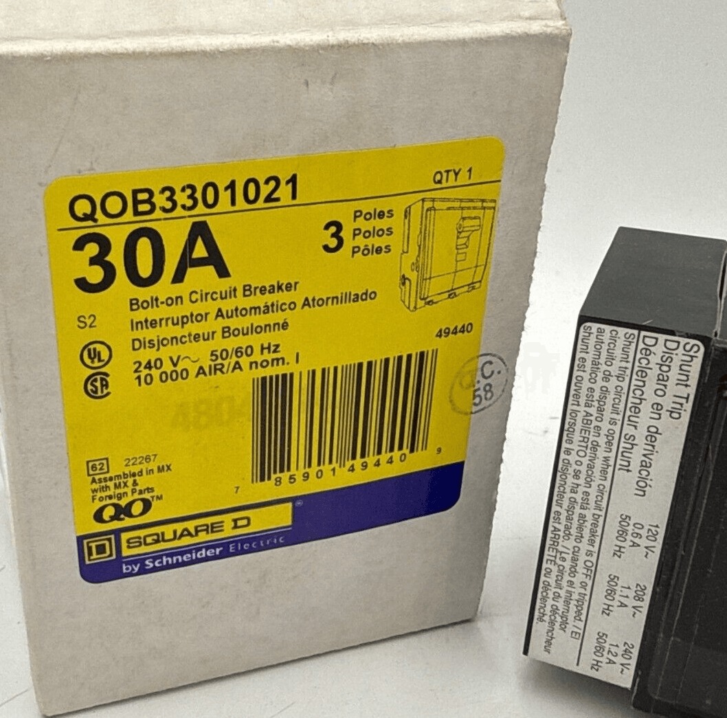 30 Amps, Square D #QOB3301021, Circuit Breaker, 3-Pole, 240 Volts, Shunt Trip, NEW - Image 2