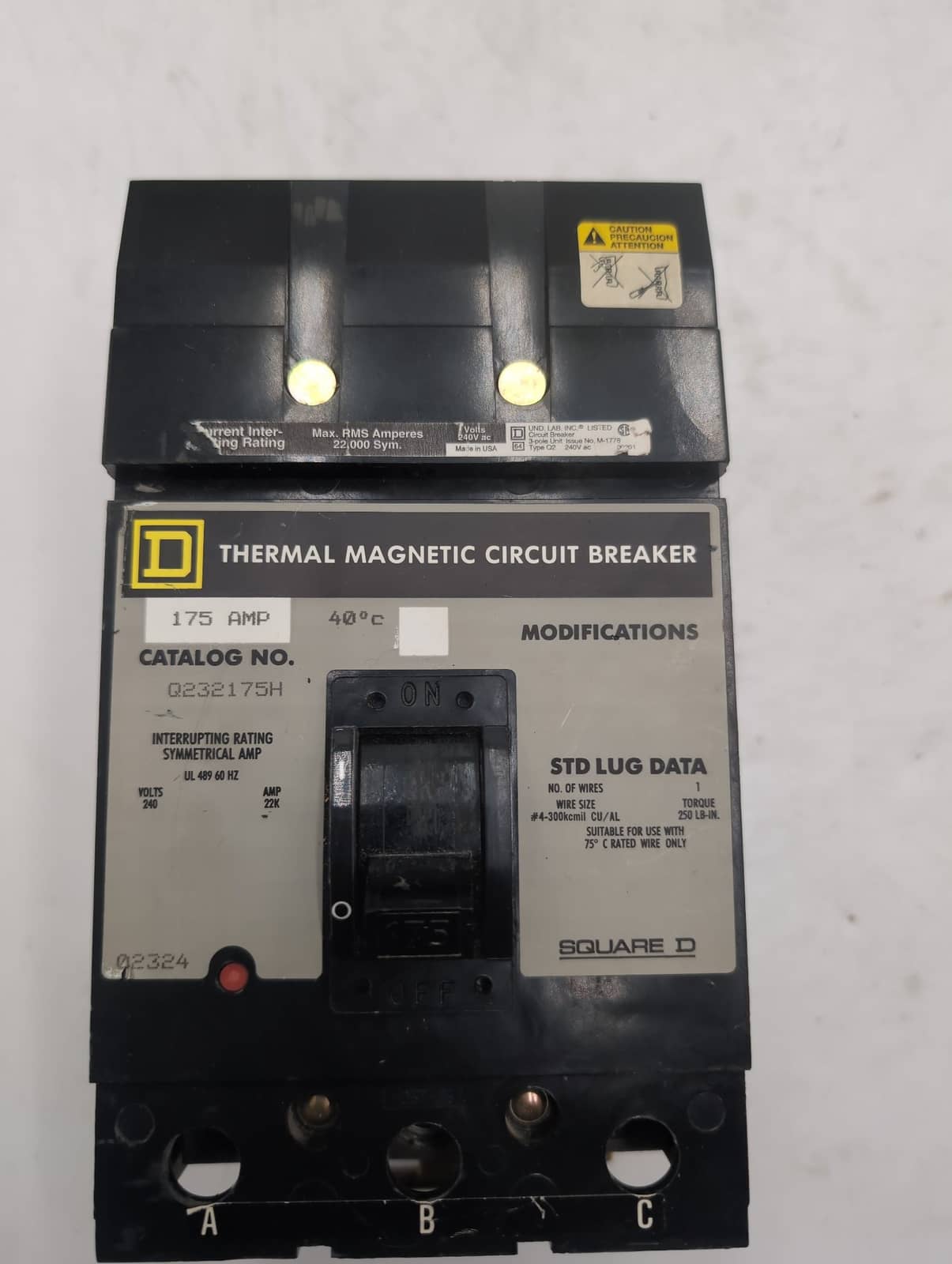 175 Amps, Square D #Q232175H, Circuit Breaker, 3-Pole, 600 Volts - Image 4