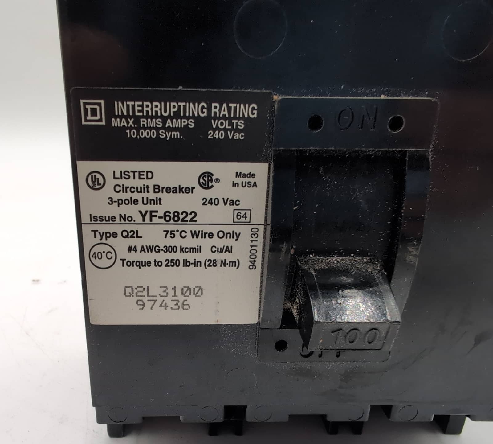 100 Amps, Square D #Q2L3100, Circuit Breaker, 3-Pole, 240 Volts, 10kA - Image 5