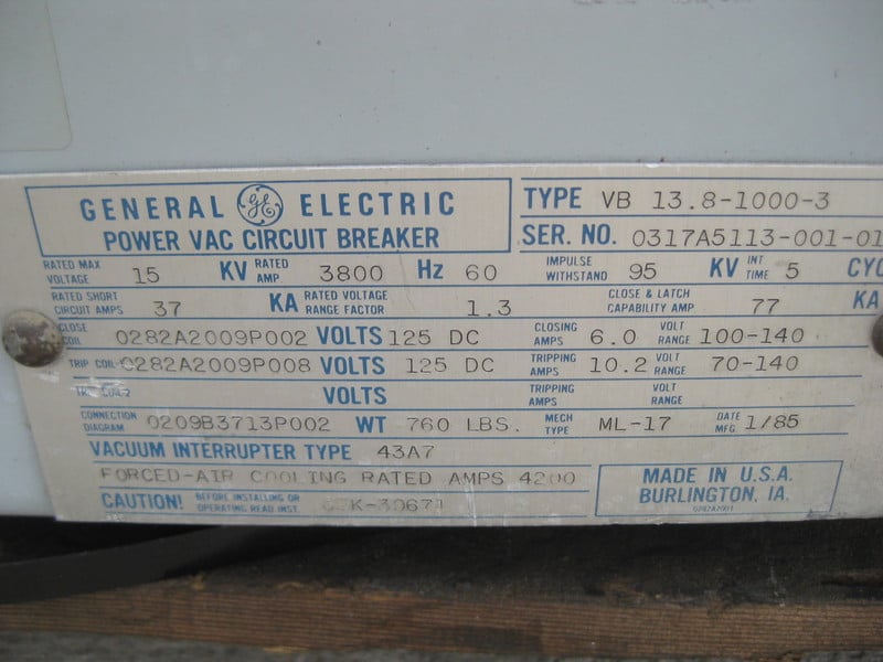 3800 Amps, General Electric, VB 13.8-1000-3 - Image 2