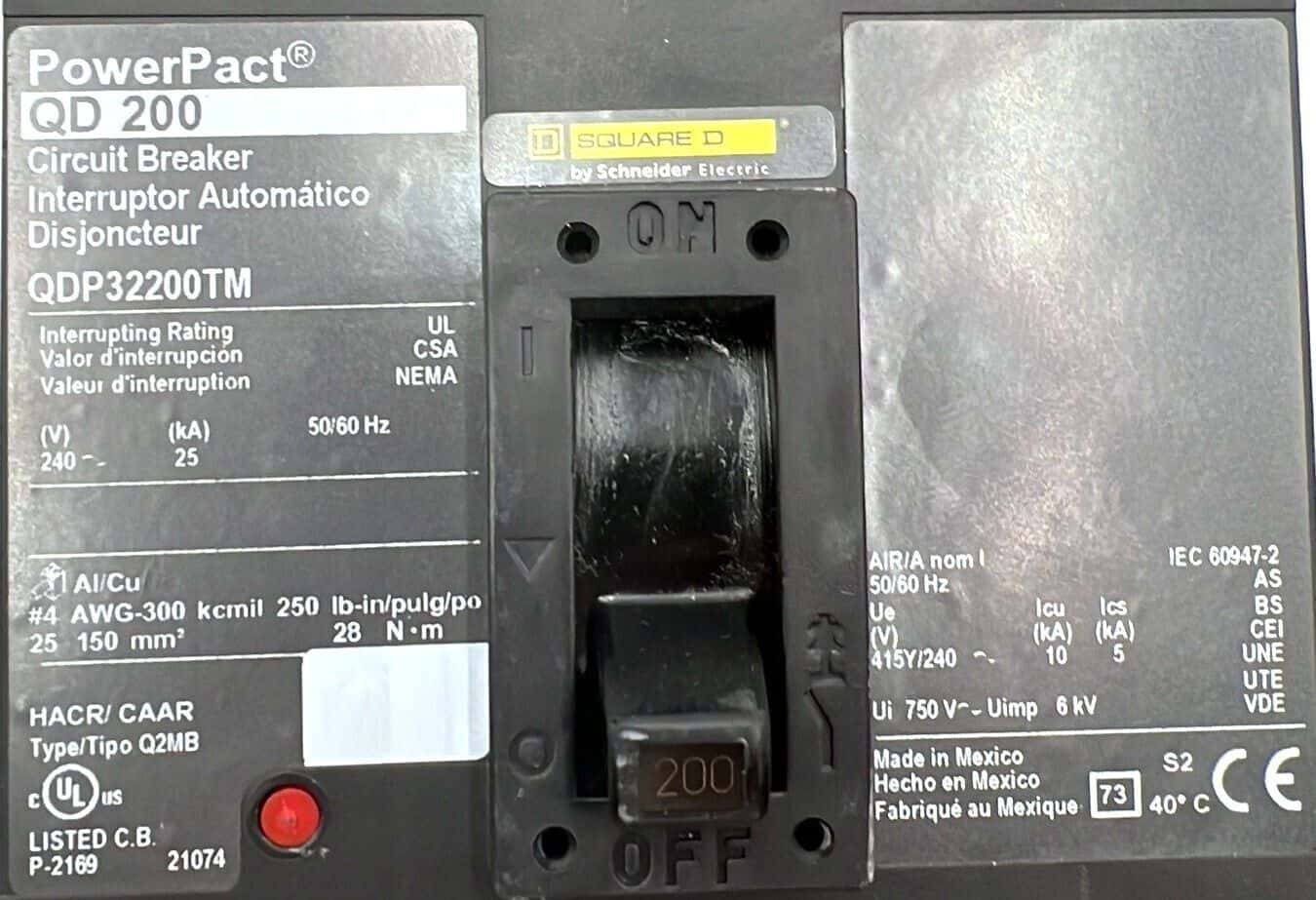 200 Amps, Square D #QDP32200TM, PowerPact Circuit Breaker, 3-Pole, 240 Volts, Bolt-On - Image 2