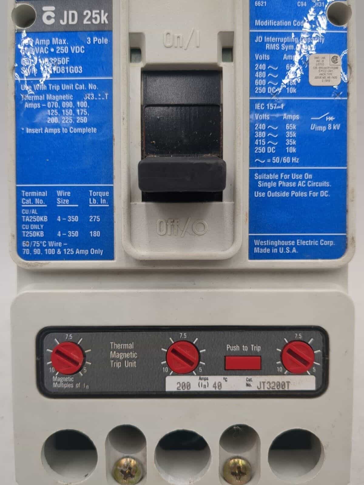 200 Amps, Westinghouse #JD3250, Circuit Breaker, 3-Pole, 600 Volts - Image 3