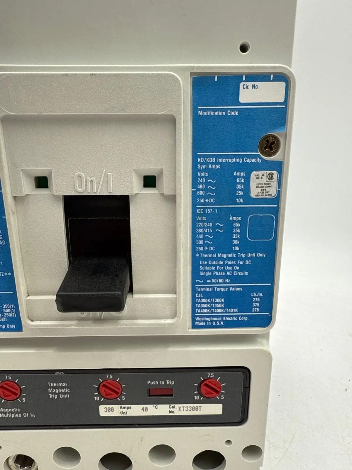 300 Amps, Westinghouse #KD3300, Circuit Breaker, 3-Pole, 600 Volts - Image 3