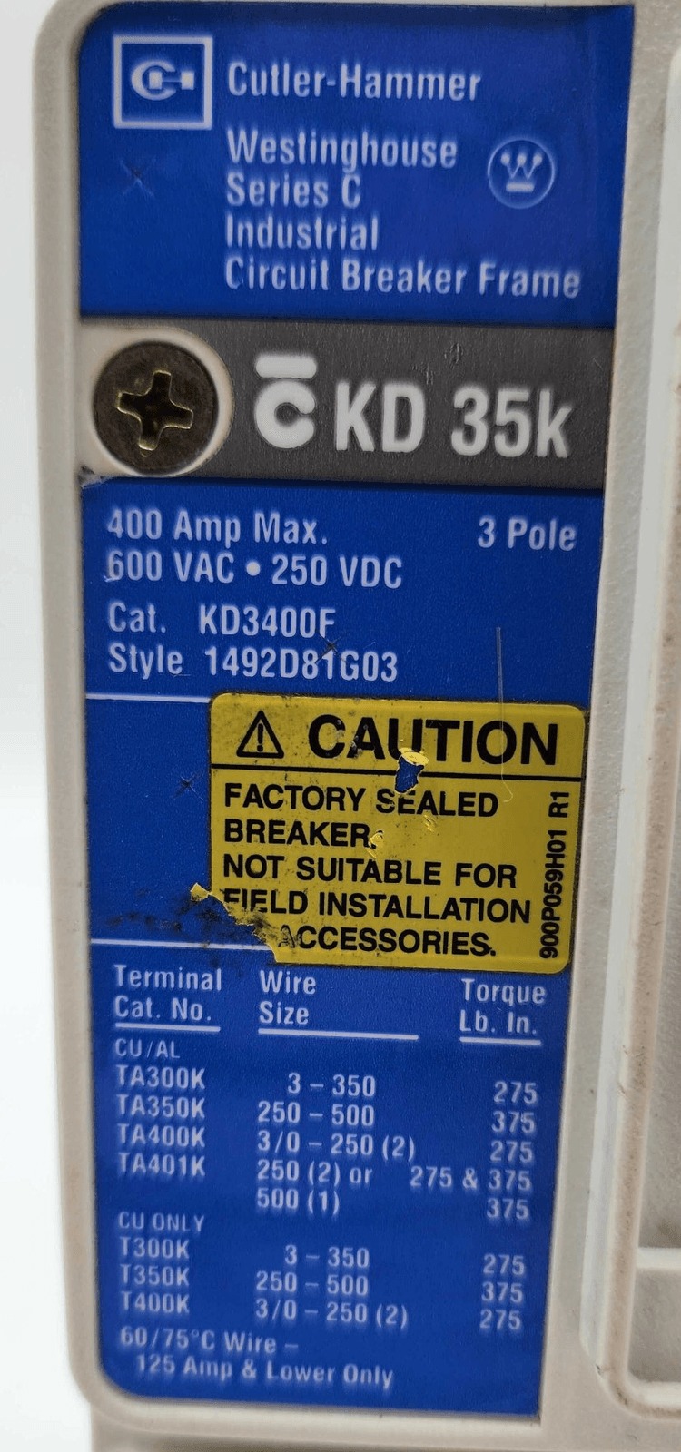400 Amps, Westinghouse #KD3350, Circuit Breaker, 3-Pole, 600 Volts - Image 2