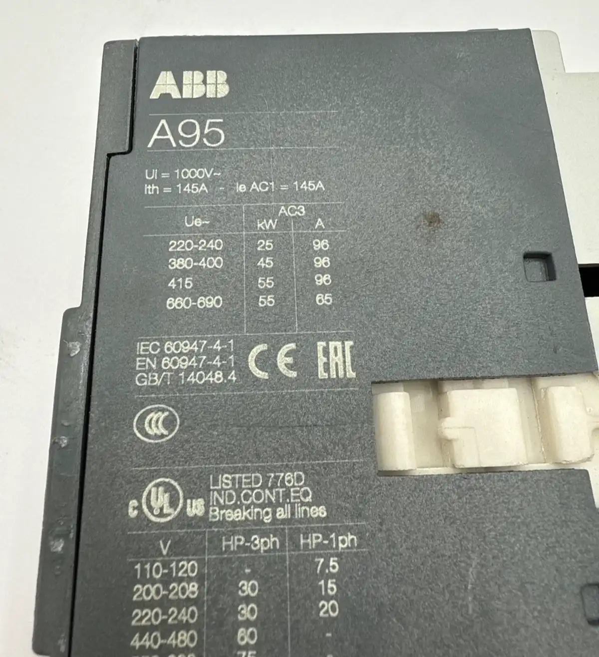 145 Amp. ABB #A95-30, Contactor, 3-Pole, 600 Volts, 3PH, 75 HP, 220-230 Volts Coil, 50 Hz., 230-240 Volts, 60 - Image 5