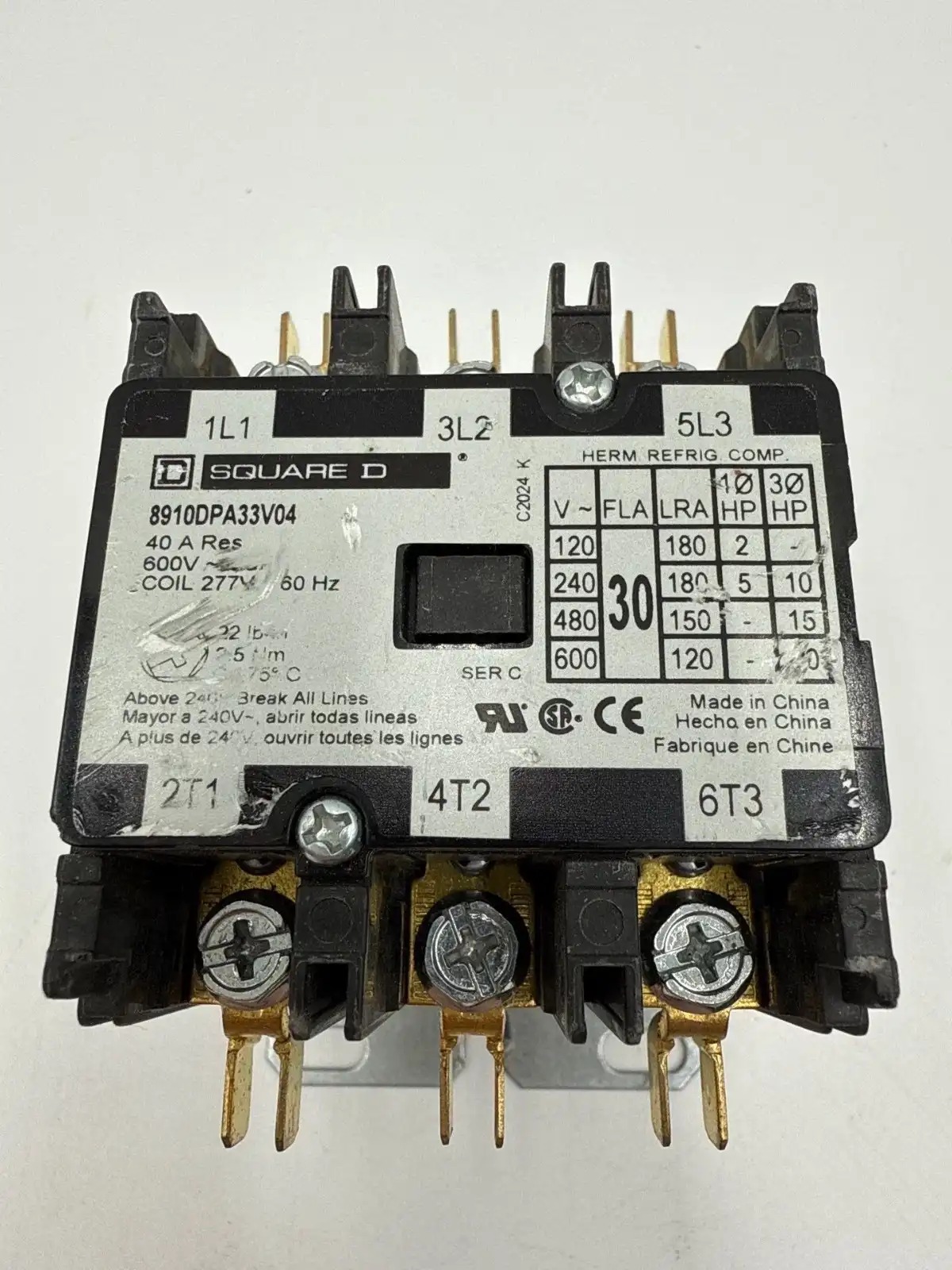 40 Amp. Square D #8910DPA33V04, Definite Purpose Contactor, 3-Pole, 600 Volts, 277 Volts Coil, 3PH, 20 HP - Image 3