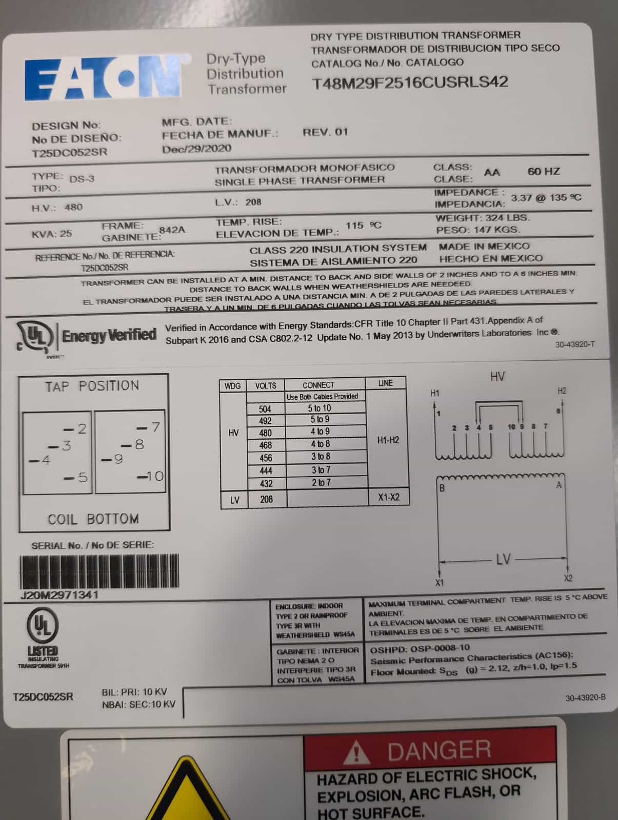 25 KVA 480 Primary, 208 Secondary, Eaton #T48M29F2516CUSRLS42, Dry Type Transformer, 3 Phase, Indoor, NEW - Image 2