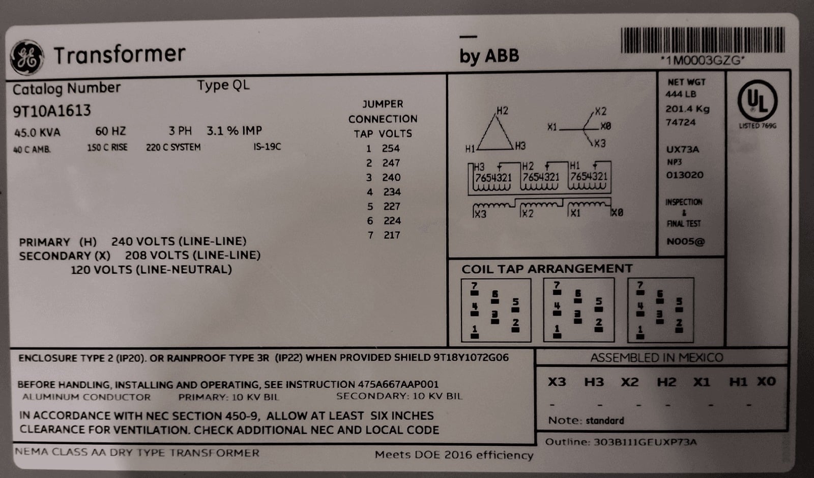 45 KVA 240 Primary, 208/120 Secondary, General Electric #9T10A1613, Dry Type Transformer, 3 Phase, NEMA 3R - Image 4
