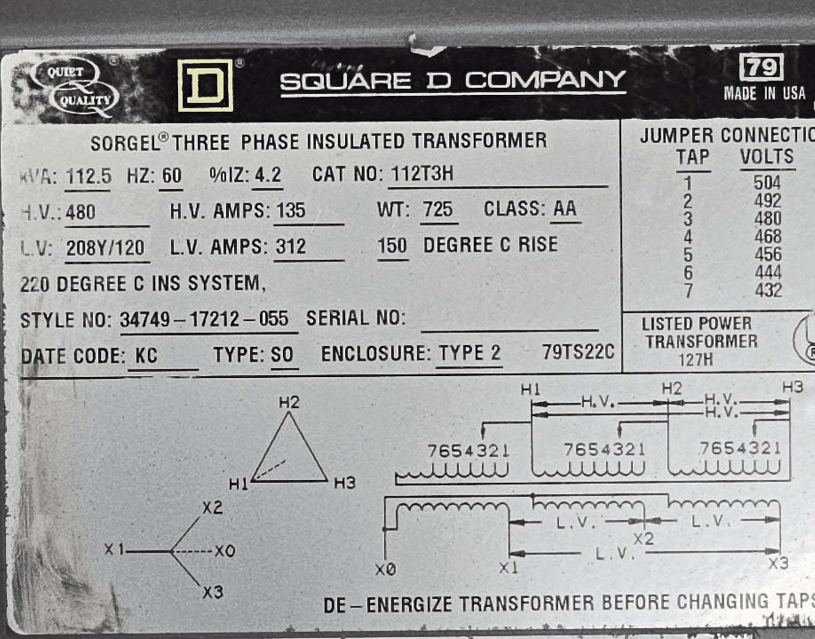 112.5 KVA 480 Primary, 208/120 Secondary, Square D #112T3H, Dry Type Transformer, 3 Phase, NEMA 2 - Image 2