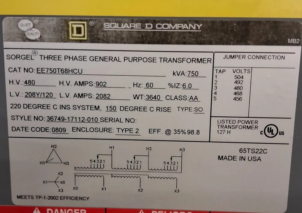 750 KVA 480 Primary, 208Y/120 Secondary, Square D #EE750T68HCU, Dry Type Transformer, 3 Phase, NEMA 1 - Image 2