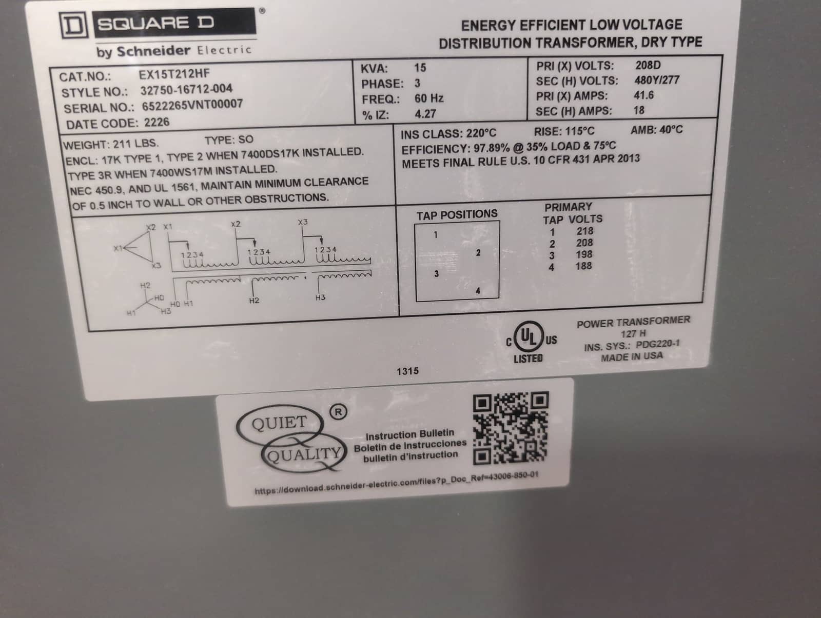 15 KVA 208 Primary, 480Y/277 Secondary, Square D #EX15T212HF, Dry Type Transformer, 3 Phase, Indoor, NEW - Image 5