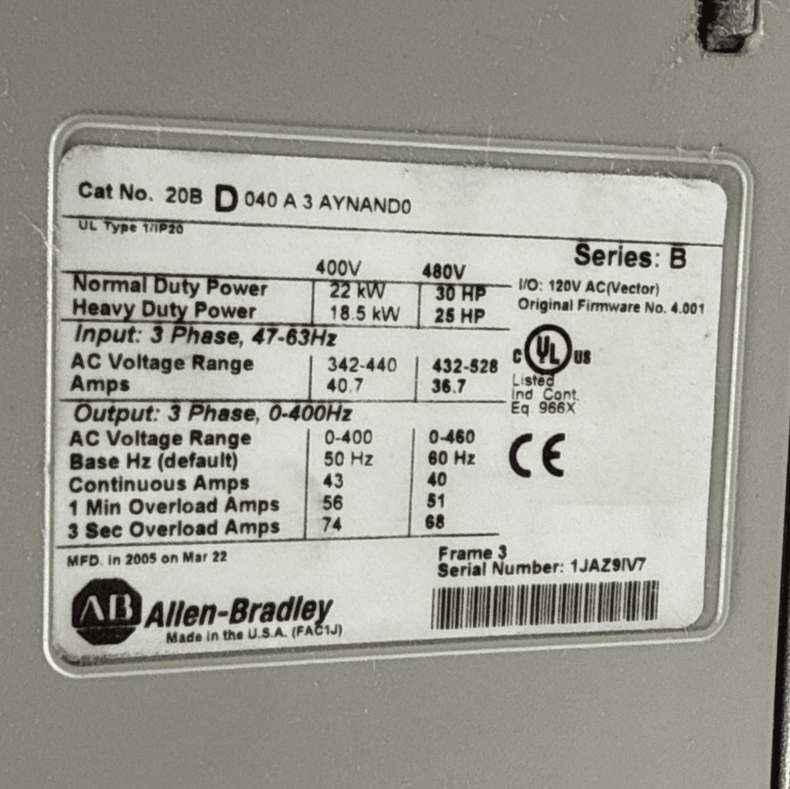 30 HP Allen-Bradley #20BD040A3AYNAND0, PowerFlex 700 AC Drive, 22 KW, 480 Volts, 3PH, 47-63 Hz. - Image 3