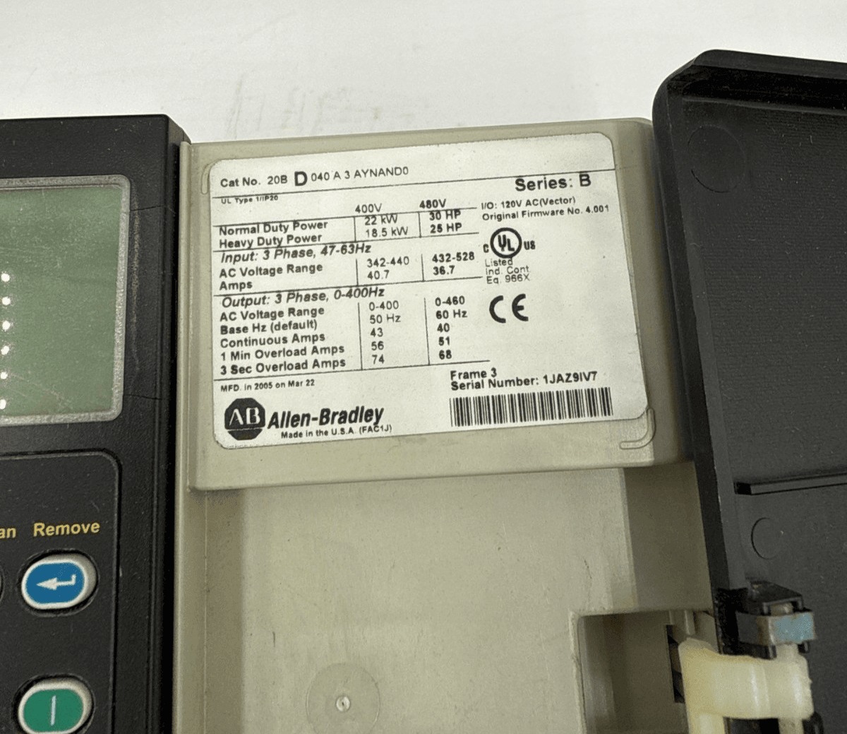 30 HP Allen-Bradley #20BD040A3AYNAND0, PowerFlex 700 AC Drive, 22 KW, 480 Volts, 3PH, 47-63 Hz. - Image 5