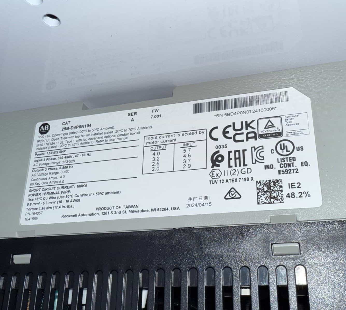 2 HP Allen-Bradley #2 4b-d4p0h204aa-nd-p, powerflex 525 packaged variable fre, 3PH, 480 Volts, VFD, NEW - Image 4