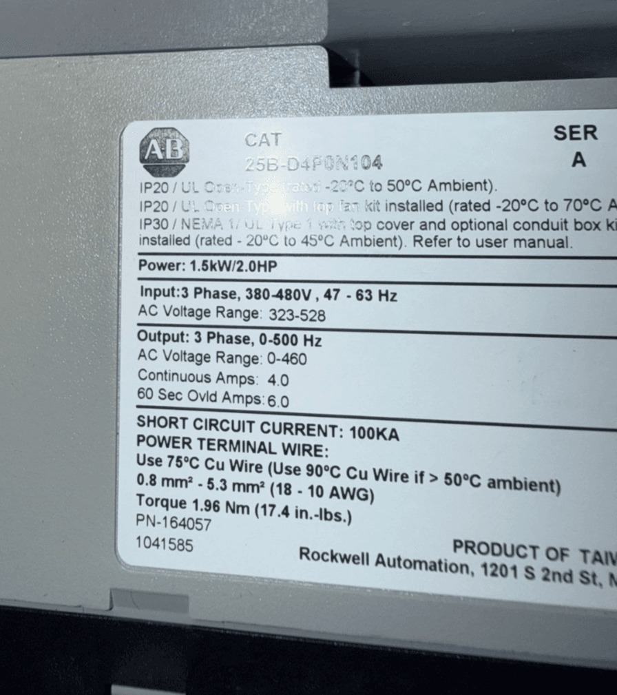 2 HP Allen-Bradley #2 4b-d4p0h204aa-nd-p, powerflex 525 packaged variable fre, 3PH, 480 Volts, VFD, NEW - Image 5