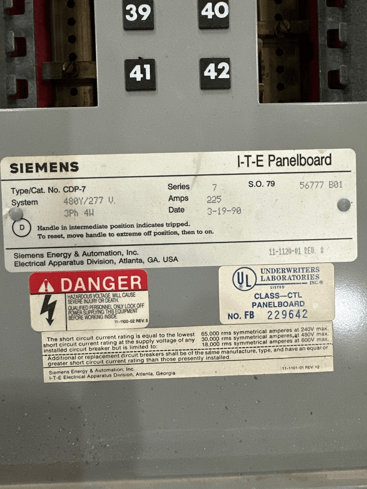 225 Amp. Siemens CDP-7, Panelboard, 480Y/277 Volts, 3PH, 4W, MLO, 42 Cir - Image 3