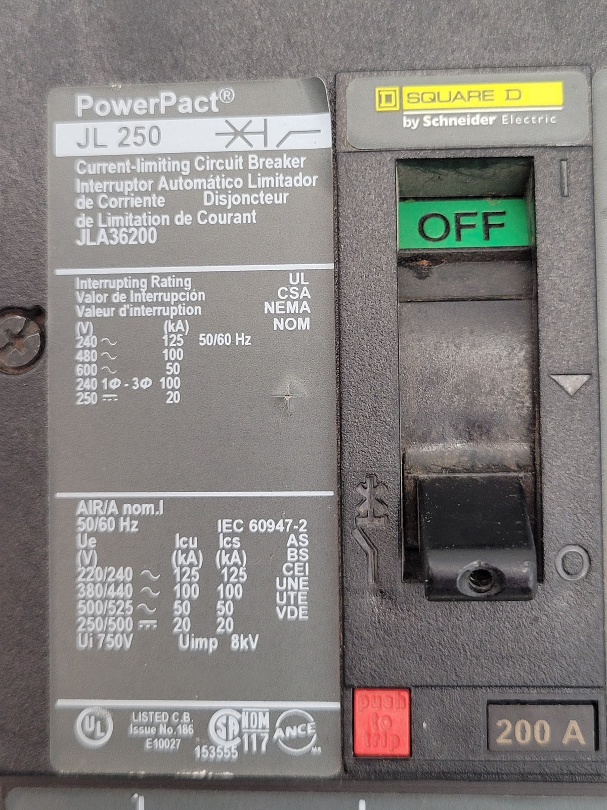 200 Amp. Square D #JLA36200, PowerPact I-Line Circuit Breaker, 3P, 600 Volts, JL250, w/ mounting hardware - Image 3