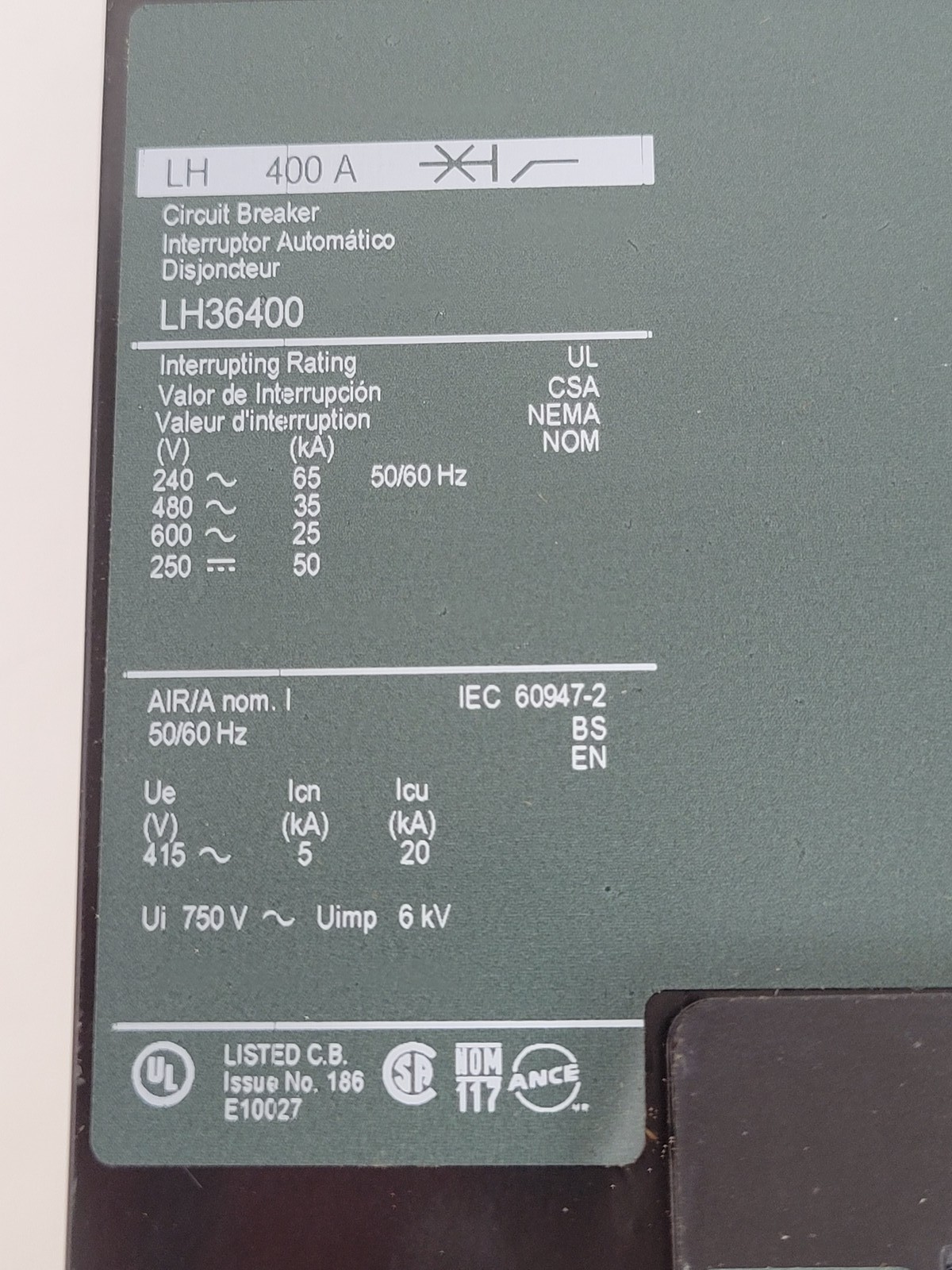 400 Amp. Square D #LH36400, I-Line Circuit Breaker, 3P, 600 Volts, gray, w/ mounting hardware, new - Image 4