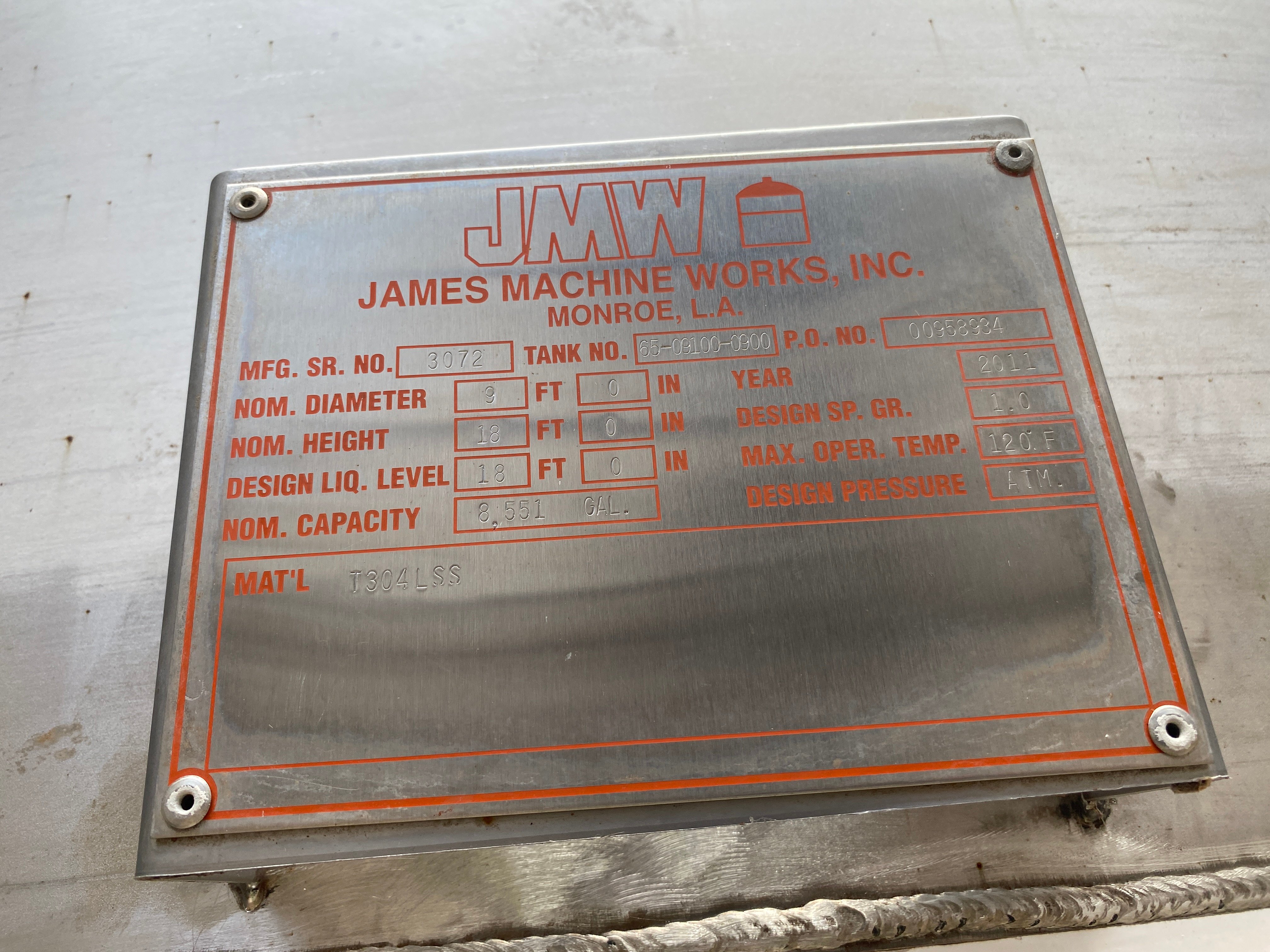 8500 gallon James Machine Works, 304L Stainless Steel Vertical Tank, 9' diameter x 18' straight side, flat - Image 6