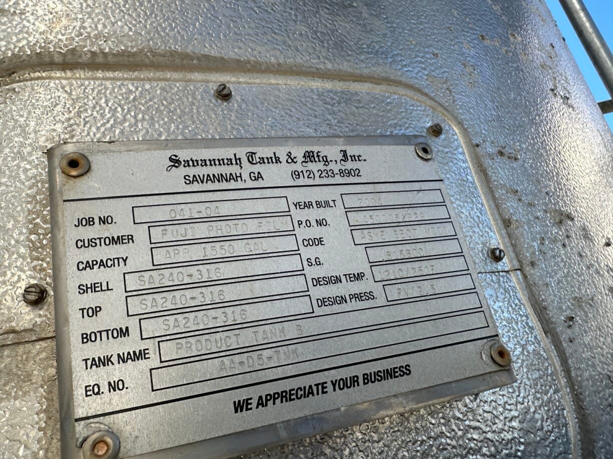 1550 gallon Savannah Tank, 316 Stainless Steel Vertical Tank, 6' diameter x 6' 3" straight side, 2 psi/FV @ - Image 2