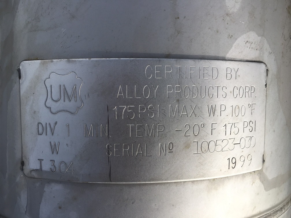 5 gallon Alloy Products, 304 Stainless Steel Pressure Tank, 9" diameter x 18" straight side, 175 psi @ - Image 3