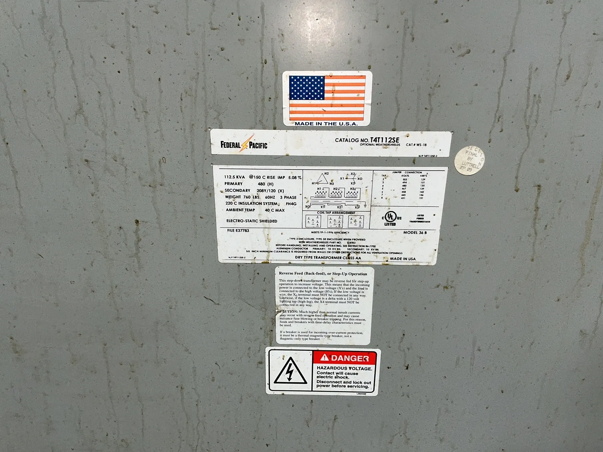 112.5 KVA 480 Primary, 208Y/120 Secondary, Federal Pacific 36B, Transformer, 3PH - Image 6