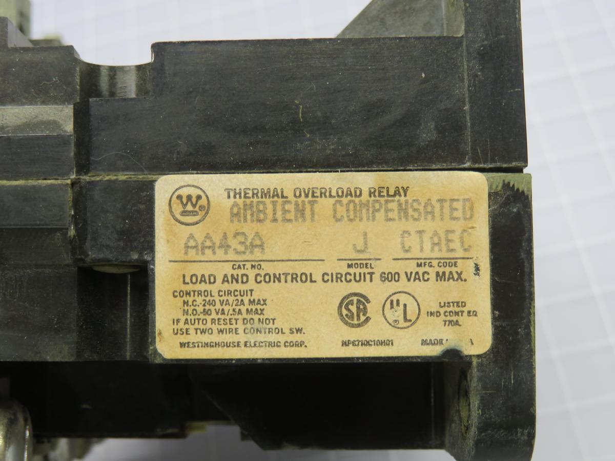 Westinghouse #AA43A, thermal overload relay, 135 Amp, 3 Pole, 600 Volts AC - Image 4