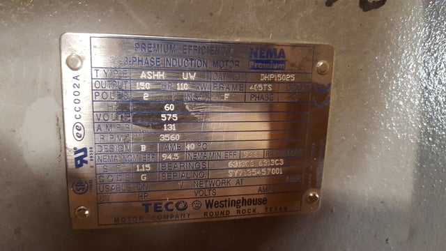 150 HP 3600 RPM Teco Westinghouse, Frame 405TS, Drip-Proof Ball Bearing, 575 Volts, New Surplus - Image 1