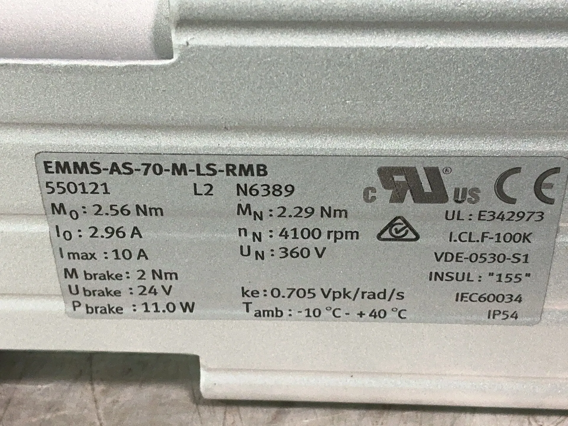 Festo #EMMS-AS-70-M-LS-RMB, AC synchronous brushless servo motor, 4100 RPM, 10 A, 360 Volts - Image 3