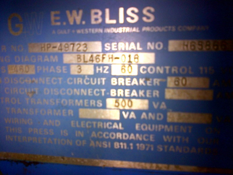 60 Ton, Bliss #C-60, OBI press, 3" stroke, 100 SPM, 5 HP, automatic lube, 1974 - Image 3