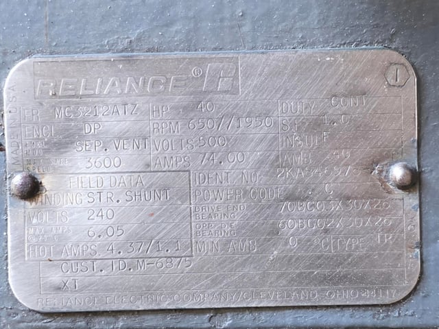 40 HP 650 RPM Reliance, Frame MC3212ATZ, DPFVBB, 500 VA, 240 VF - Image 3
