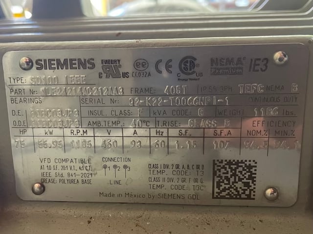 75 HP 1200 RPM Siemens, Frame 405T, TEFC BB, 460 Volts, New Surplus - Image 4