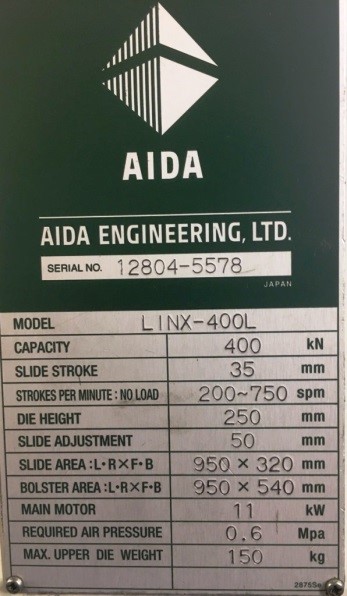 45 Ton, Aida #LINX-400L, straight side double crank press, 35mm stroke, 250mm Shut Height, air clutch & - Image 3