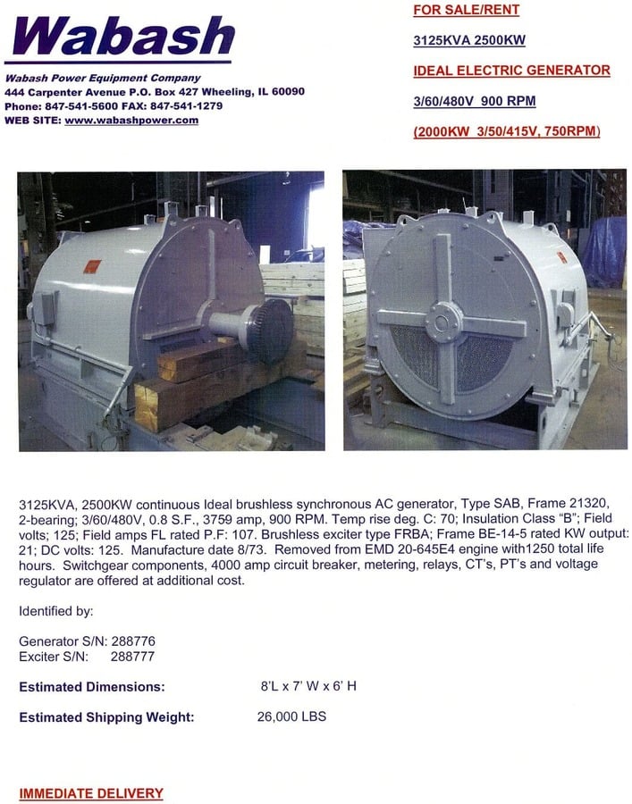 2500 KW, 900 RPM, Ideal #21320, type SAB, 2-bearing, continuous, 0.8 service factor, 3/60/277/480V. - Image 1