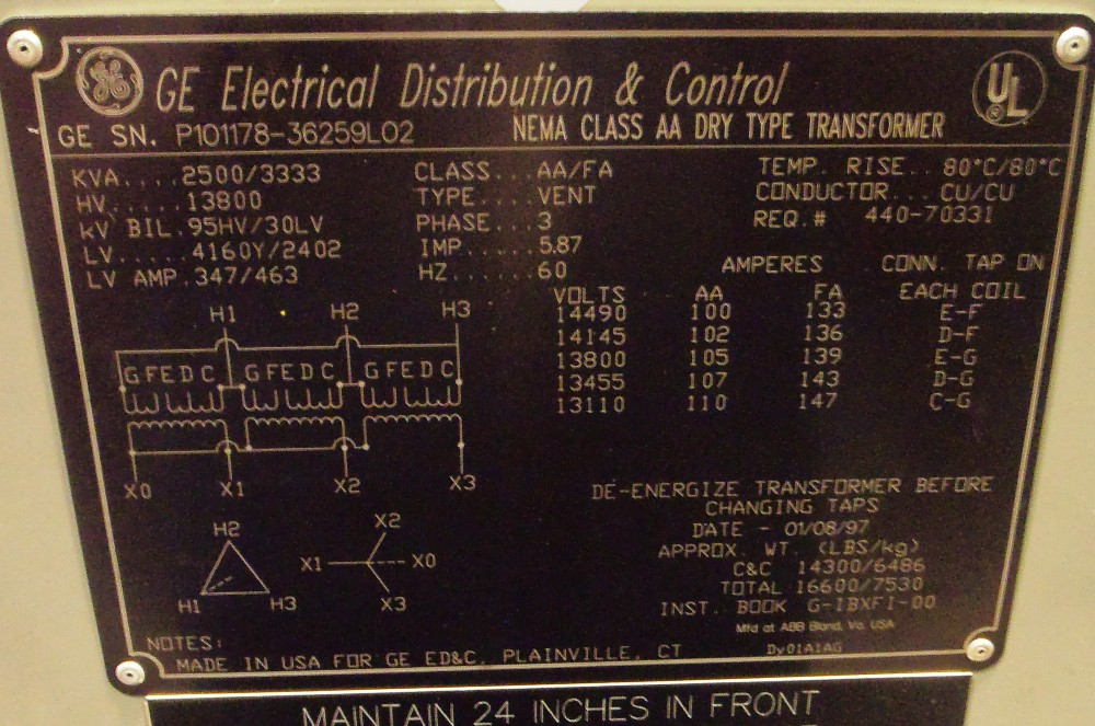 2500/3333 KVA 13800 Delta Primary, 4160Y/2402 Secondary, General Electric, Dry - Image 1